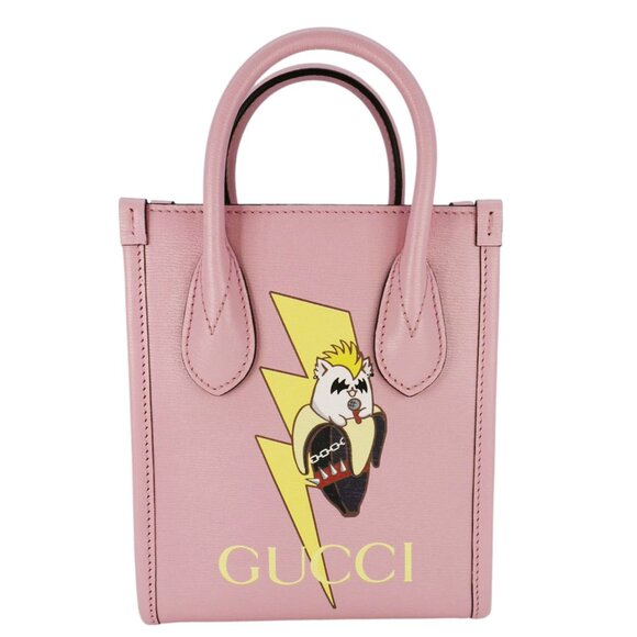 Gucci  X BNF Bananya Print Leather Vertical Tote Bag Pink 671623 - Picture 1 of 13